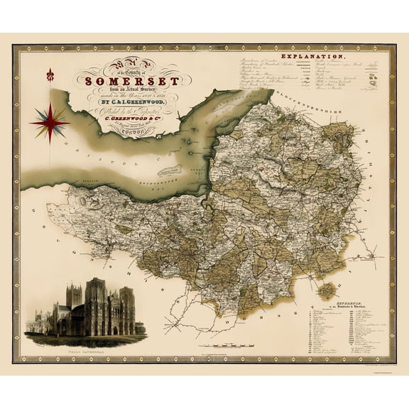 Historic Map - Somerset County England - Greenwood 1820 - Vintage Wall Art