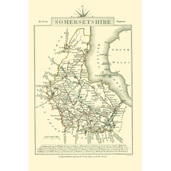 Historic Map - Somersetshire County England - Cary 1792 - Vintage Wall Art