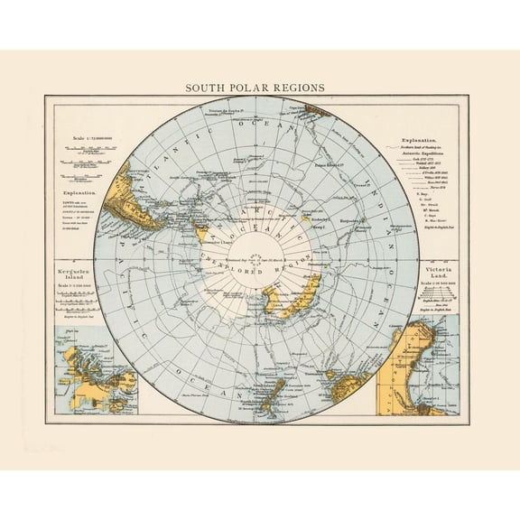 Historic Map - South Polar Regions  - Vintage Wall Art