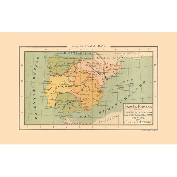 Historic Map - Spain 332 AD to 409 AD - Artero 1879 - Vintage Wall Art