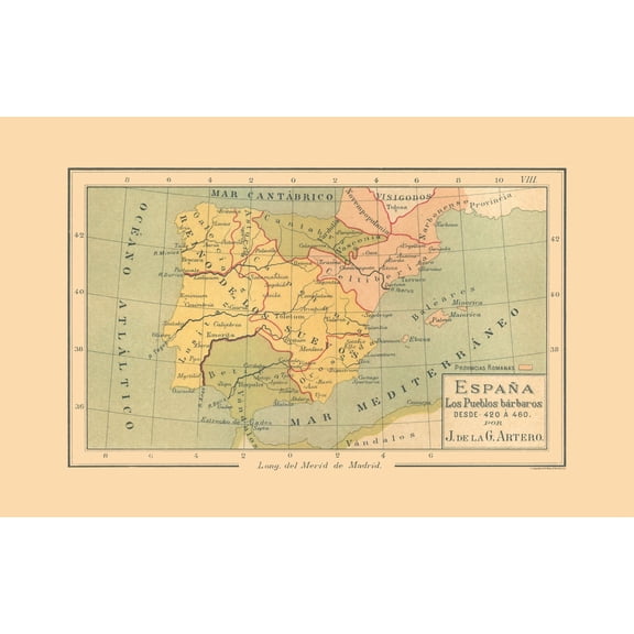 Historic Map - Spain 420 BC to 460 BC - Artero 1879 - 36.35 x 23 - Vintage Wall Art