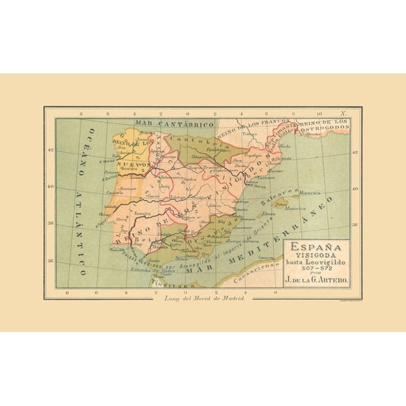 Historic Map - Spain 507 AD to 572 AD - Artero 1879 - Vintage Wall Art