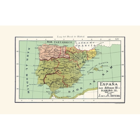 Historic Map - Spain 866 AD to 967 AD - Artero 1879 - Vintage Wall Art