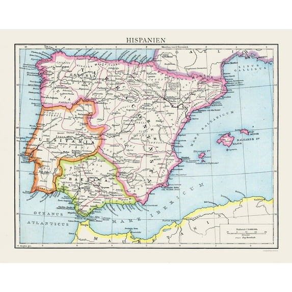 Historic Map - Spain - Droysen 1886 - Vintage Wall Art