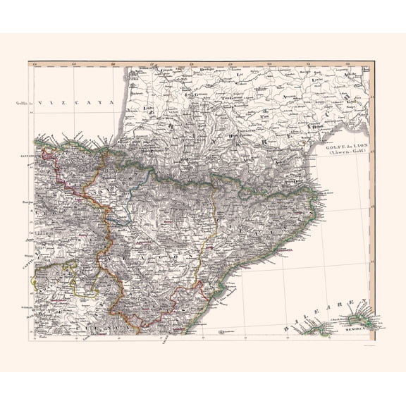 Historic Map - Spain Northeast - Perthes 1850 - Vintage Wall Art