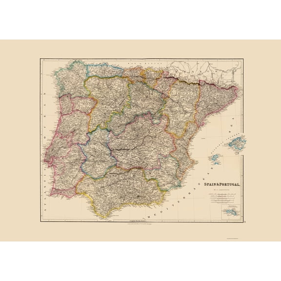Historic Map - Spain Portugal - Arrowsmith 1844 - Vintage Wall Art