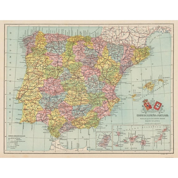 Historic Map - Spain Portugal - Martin 1911 - 29.69 x 23 - Vintage Wall Art