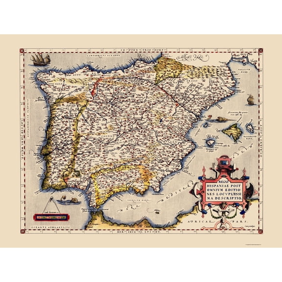 Historic Map - Spain Portugal - Ortelius 1592 - 23 x 30.35 - Vintage Wall Art