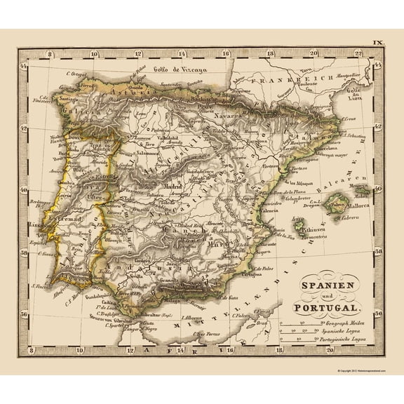 Historic Map - Spain Portugal - Stieler 1852 - Vintage Wall Art