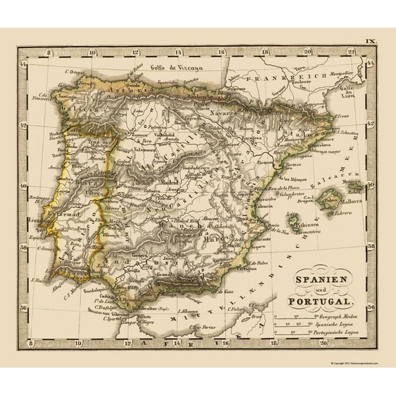 Historic Map - Spain Portugal - Stieler 1852 - Vintage Wall Art