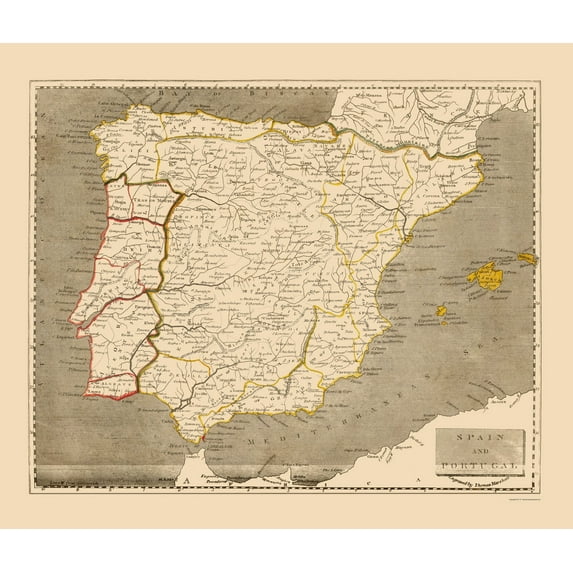 Historic Map - Spain Portugal - Thomas 1812 - Vintage Wall Art