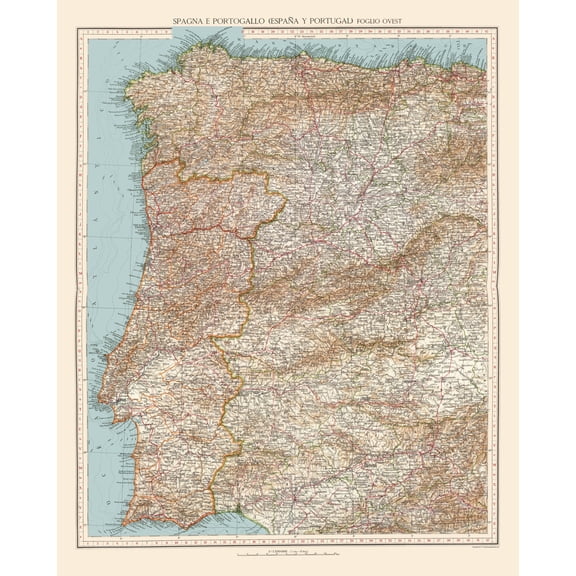 Historic Map - Spain Portugal Western - Touring Club Italiano 1929 - 23 x 28 - Vintage Wall Art