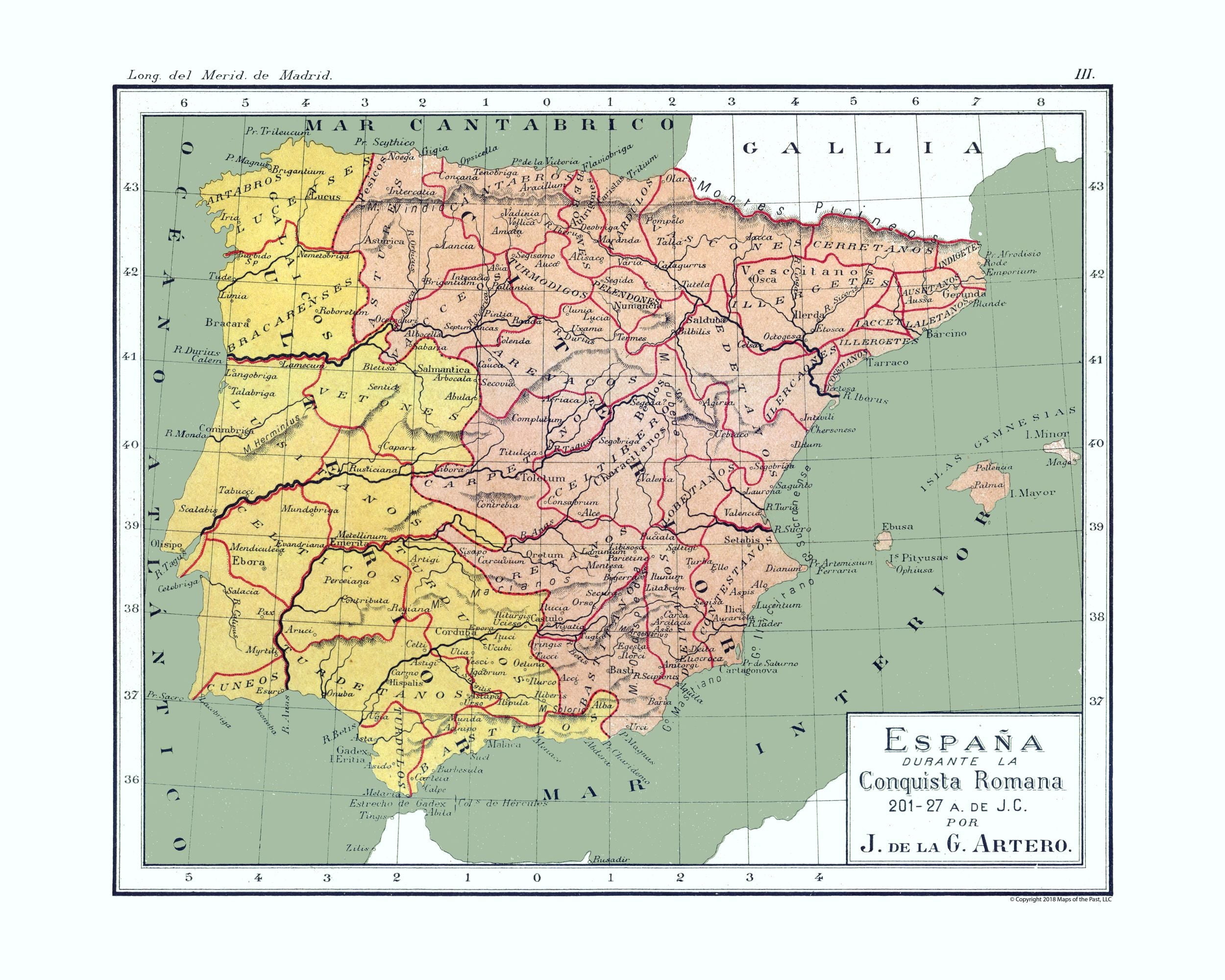 Historic Map - Spain Roman Conquest 201 BC to 27 BC - Artero 1879 ...