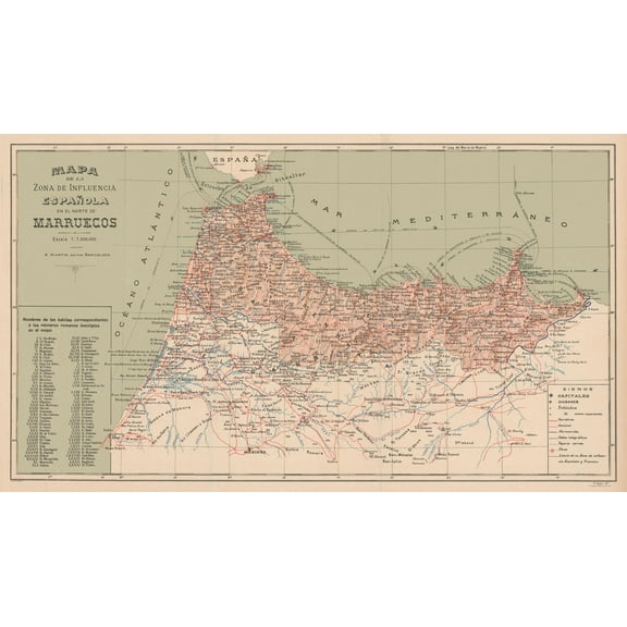 Historic Map - Spanish Morocco Africa Spain - Martin 1905 - 40.26 x 23 - Vintage Wall Art