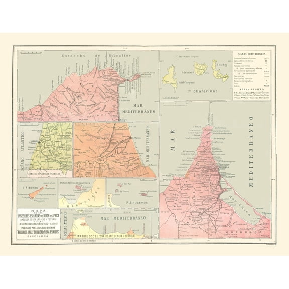 Historic Map - Spanish Possessions in North Africa - Pompido 1913 - 29.75 x 23 - Vintage Wall Art