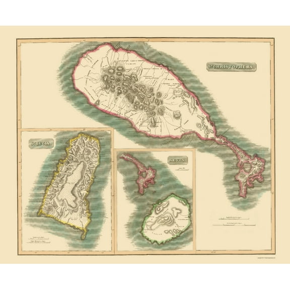 Historic Map - St Christophers St Lucia Nevis - Thomson 1815 - 23 x 28 - Vintage Wall Art