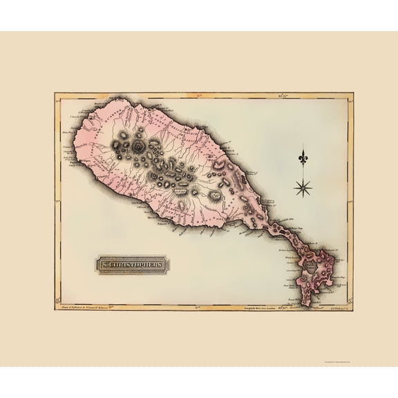 Historic Map - St Kitts St Christophers Caribbean - Lucas 1823 - Vintage Wall Art