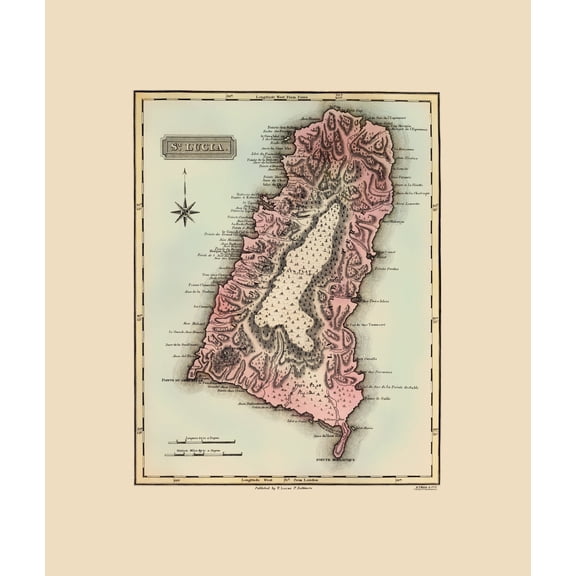 Historic Map - St Lucia - Lucas 1823 - Vintage Wall Art