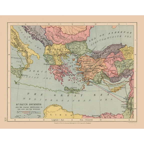 Historic Map - St Pauls Journeys Mediterranean - Case 1878 - 29.14 x 23 - Vintage Wall Art