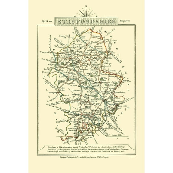 Historic Map - Staffordshire County England - Cary 1792 - 23 x 34.20 - Vintage Wall Art