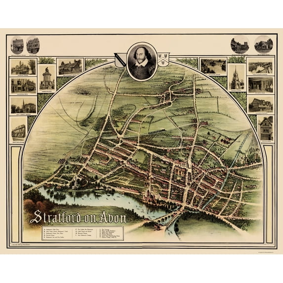 Historic Map - Stratford on Avon England - Brown 1908 - Vintage Wall Art