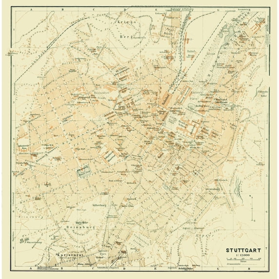 Historic Map - Stuttgart Germany - Baedeker 1914 - Vintage Wall Art
