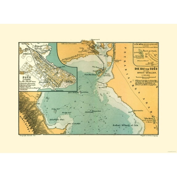 Historic Map - Suez Egypt - Baedeker 1913 - 31.52 x 23 - Vintage Wall Art