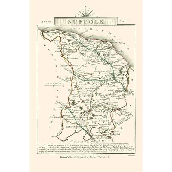 Historic Map - Suffolk County England - Cary 1792 - 23 x 34.75 - Vintage Wall Art
