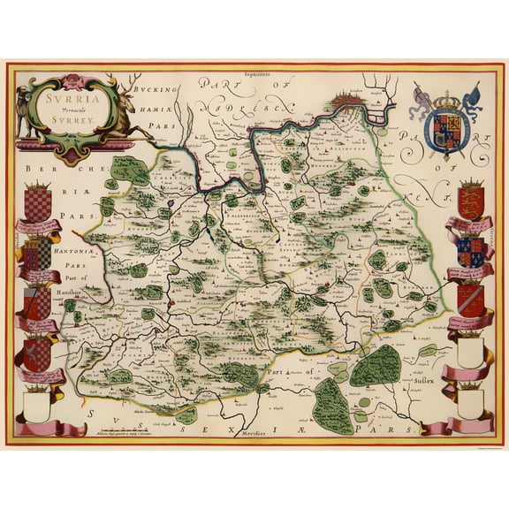 Historic Map - Surrey County England - Blaeu 1645 - 23 x 29.79 - Vintage Wall Art