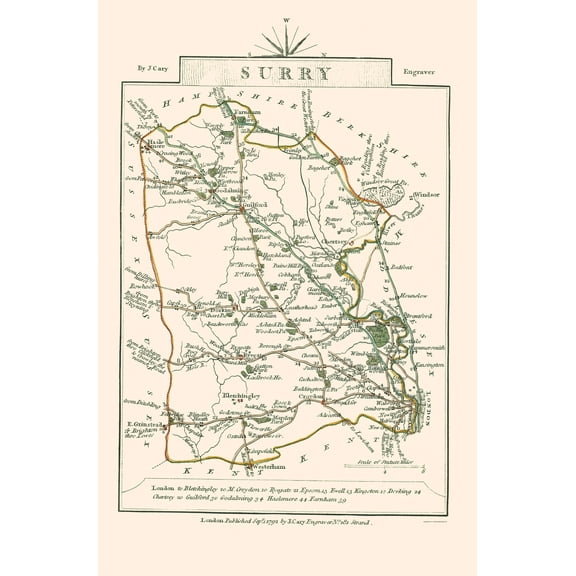 Historic Map - Surrey County England - Cary 1792 - 23 x 34.92 - Vintage Wall Art