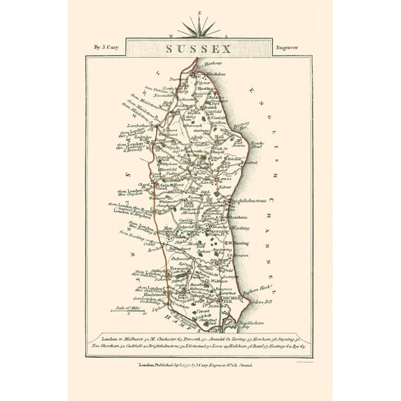 Historic Map - Sussex County England - Cary 1792 - Vintage Wall Art