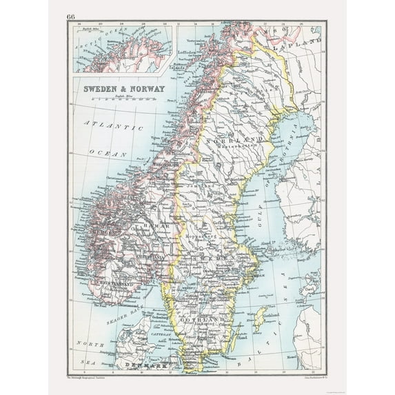 Historic Map - Sweden Norway - Bartholomew 1892 - 23 x 30.37 - Vintage Wall Art