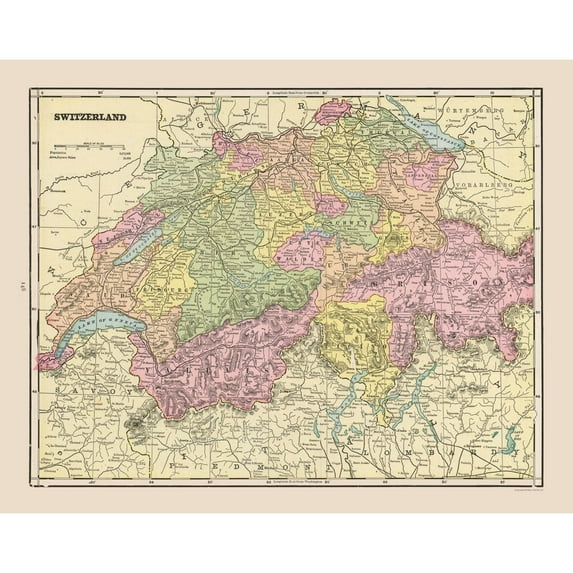 Historic Map - Switzerland - Cram 1892 - 29.04 x 23 - Vintage Wall Art