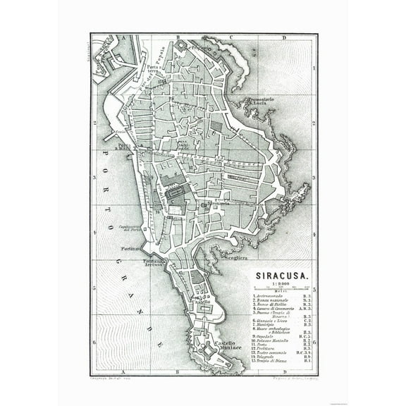 Historic Map - Syracuse Italy - Baedeker 1880 - 23 x 32.03 - Vintage Wall Art
