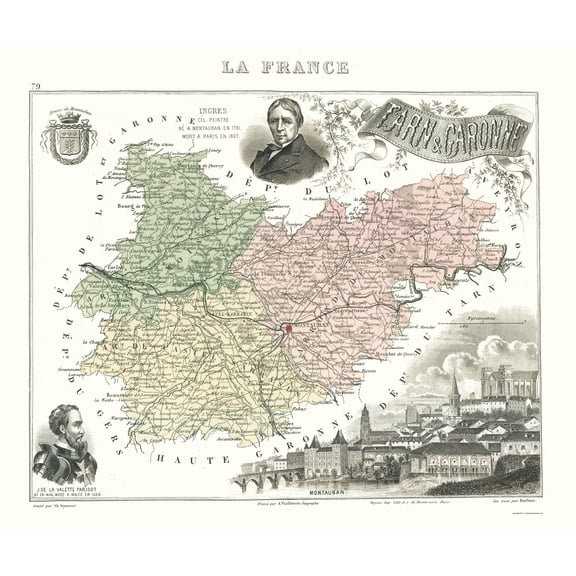 Historic Map - Tarn et Garonne France - Migeon 1869 - 23 x 27.37 - Vintage Wall Art