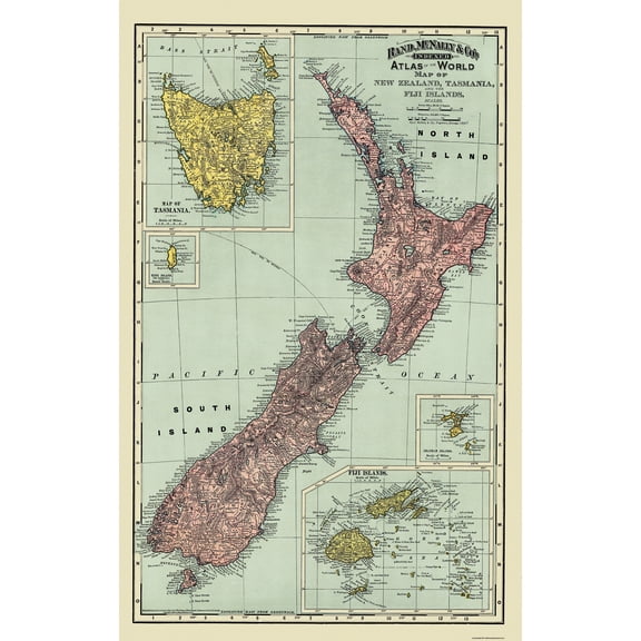 Historic Map - Tasmania Figi Islands New Zealand - Rand McNally 1897 - 23 x 36 - Vintage Wall Art