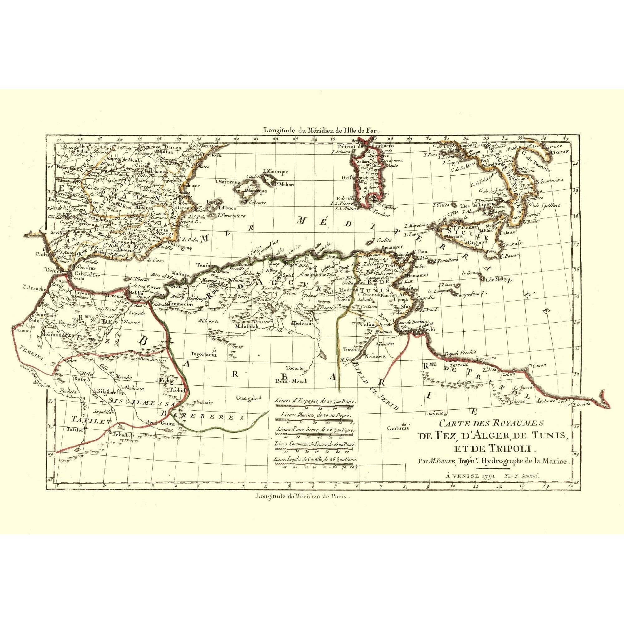 Historic Map - Tlemcen Fez Tunisia Tripoli Kingdoms - Santini 1794 ...