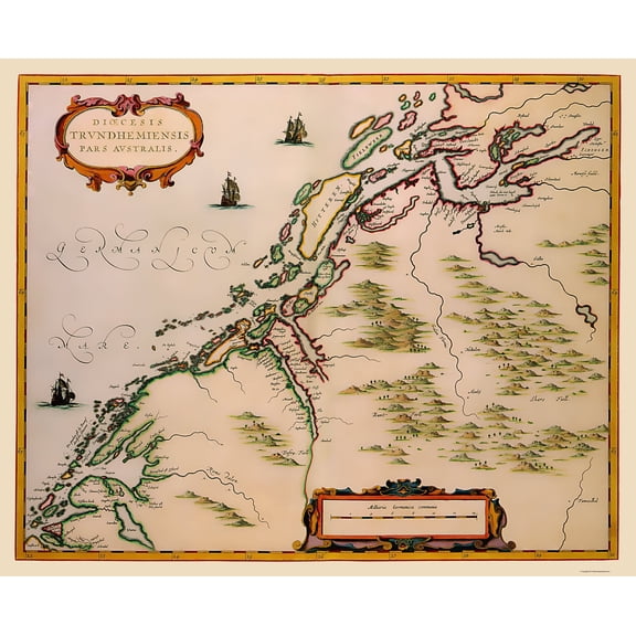 Historic Map - Trondheim District Norway - Jansson 1662 - 23 x 28.23 - Vintage Wall Art