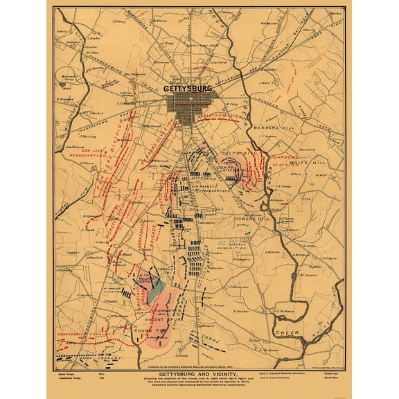 Historical Civil War Map - Gettysburg Pennsylvania Vicinity - Hunter 1863 - Vintage Wall Art
