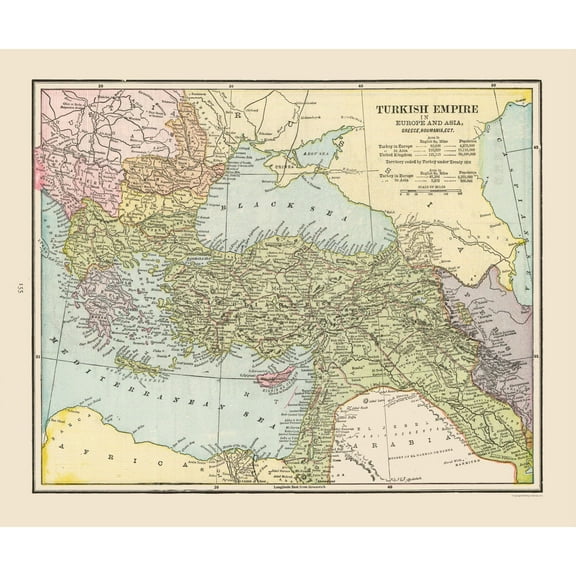 Historic Map - Turkish Empire Middle East - Cram 1892 - 27.70 x 23 - Vintage Wall Art