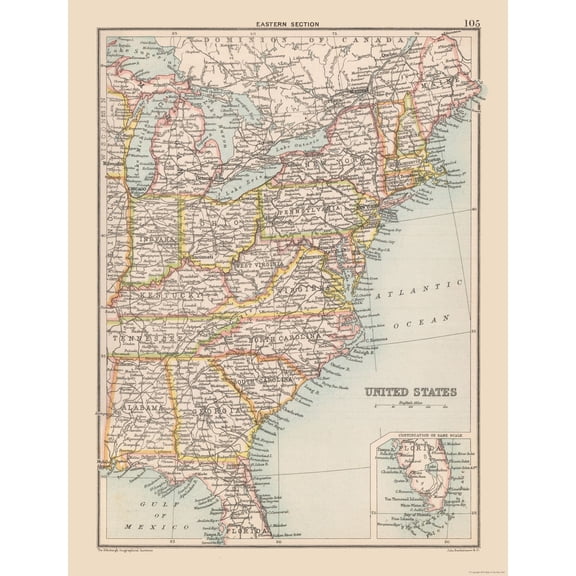 Historic Map - United States Eastern - Bartholomew 1892 - Vintage Wall Art