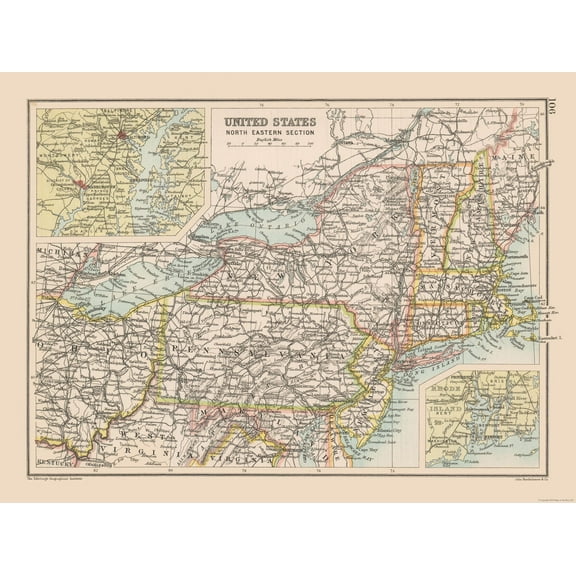 Historic Map - United States North Eastern - Bartholomew 1892 - 30.68 x 23 - Vintage Wall Art