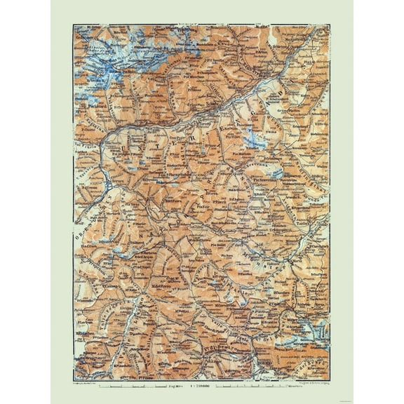 Historic Map - Unter Engadin Switzerland Italy - Baedeker 1921 - 23 x 30.66 - Vintage Wall Art
