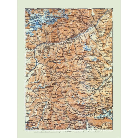 Historic Map - Unter Engadin Switzerland Italy - Baedeker 1921 - Vintage Wall Art