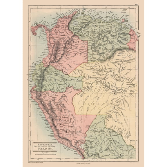 Historic Map - Venezuela Colombia Ecuador Peru - Black 1867 - 23 x 31.55 - Vintage Wall Art