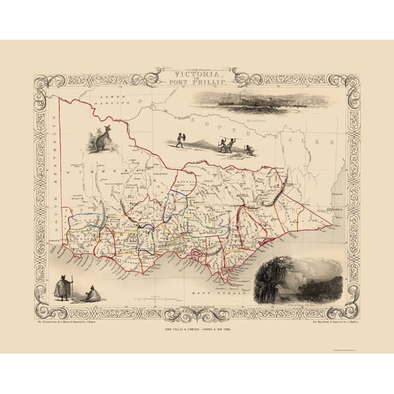 Historic Map - Victoria Australia - Tallis 1851 - Vintage Wall Art