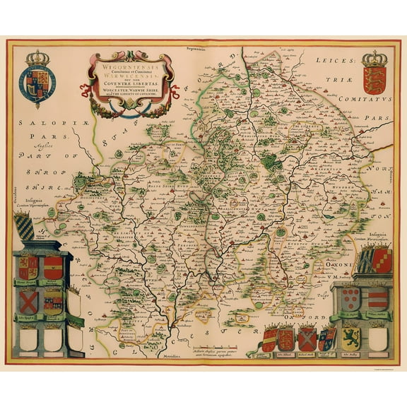 Historic Map - Warwickshire Worcestershire Counties England - Jansson 1646 - 23 x 27 - Vintage Wall Art