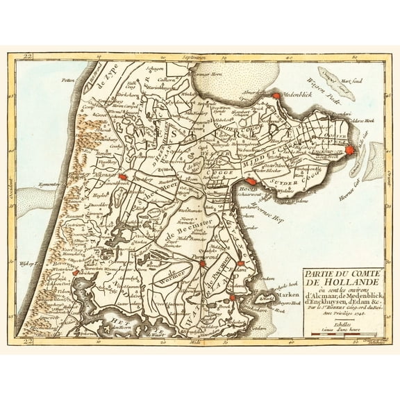 Historic Map - West Frisia North Holland Netherlands - Robert 1748