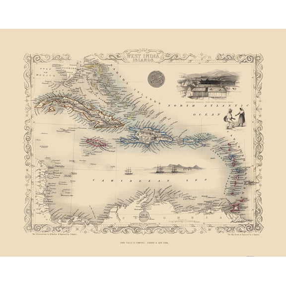 Historic Map - West Indies - Tallis 1851 - 23 x 28.83 - Vintage Wall Art