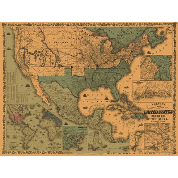 Historic Map - West Indies United States Mexico - Colton 1862 - 23 x 30 - Vintage Wall Art